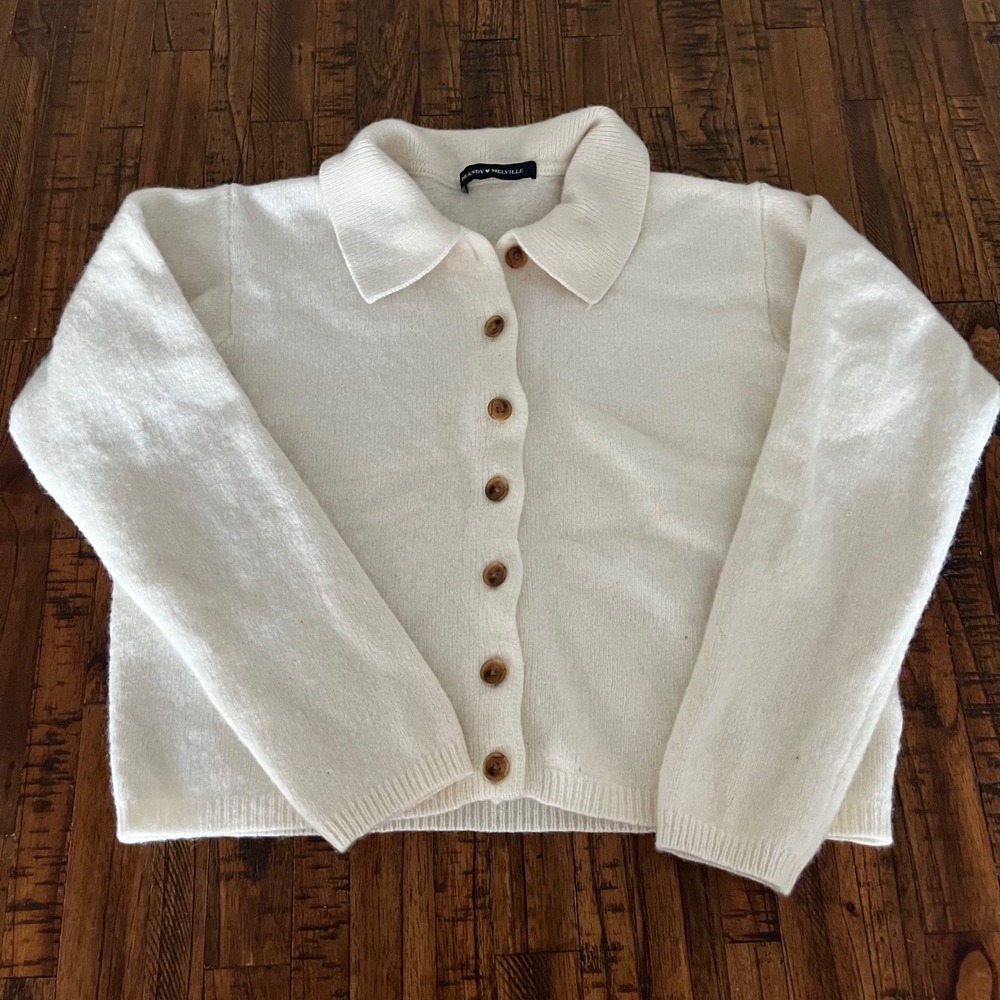 Brandy Melville White Oatmeal Collared Button Cardigan Wool Long Sleeve One Size